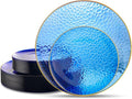 Hioasis 60pcs Blue Plastic Plates - Gold Rimmed Disposable, Hammered, Heavy-duty Dinnerware Set Suitable for 30 Guests, 10.25" Dinner & 7.5" Dessert Plates for Party & Wedding