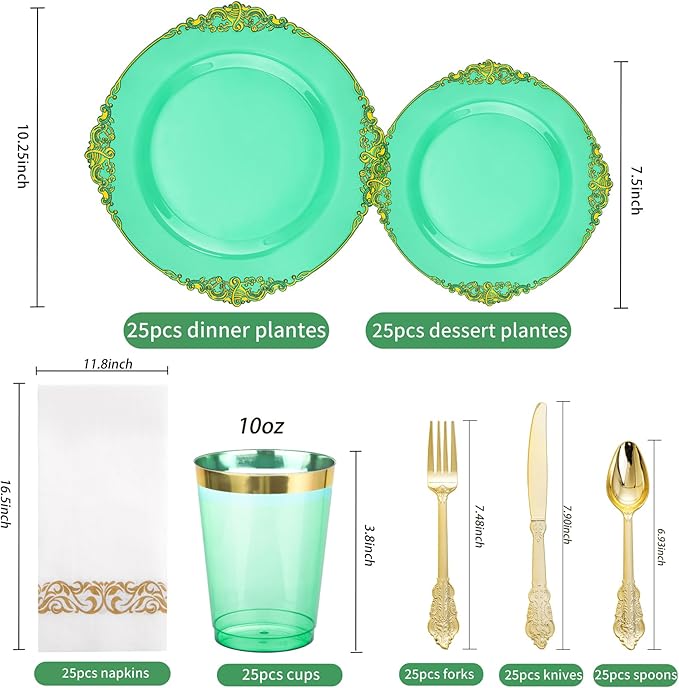 Hioasis 175pcs Clear Green Plastic Plates - Elegant Disposable Dinnerware Set Suitable for 25 Guests Include 10.25" Dinner & 7.5" Dessert Plates, Cutlery, Napkins, Cups for Party & St. Patrick's Day