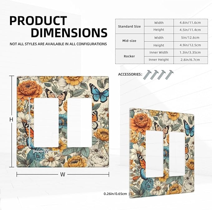 Outlet Covers Vintage Colorful Floral Butterfly Flowers 2 Gang Light Switch Cover Double Rocker Wall Plate Decorative GFCI Receptacle Electrical Switchplate for Bathroom Bedroom Decor（2 Pack）