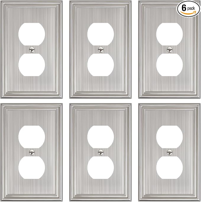 6-Pack Single Duplex Outlet Cover Plate, Decorative Brushed Nickel Switch Plates and Outlet Covers, Metal Wall Plates for Electrical Outlets, 1 Gang Receptacle Cover, Corrosion Resistant