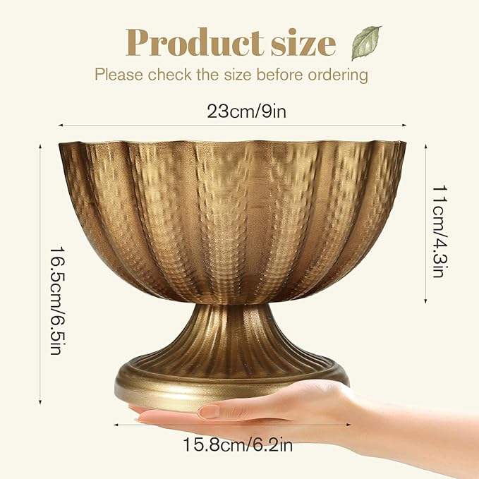 Set of 4, 9'' Wide 6.5'' High Distressed Gold Compote Pedestal Vases, Antique Metal Large Gold Compote Bowl Vase for Centerpieces with Waterproof Liner