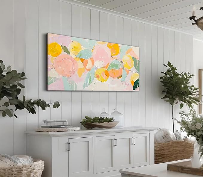 ADJUVANT Wall Art Impressionist Colorful Floral 40"L x 20"W, Bright Blooms With Pastel Leaves Canvas Painting Lively Petals Artwork Prints Floral Wall Decor for Living Room Bedroom Dining Room Home Office