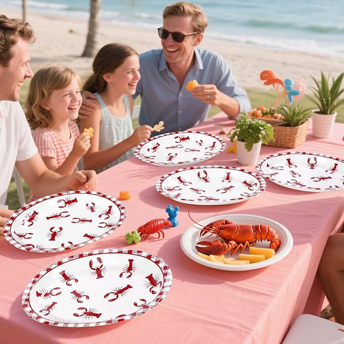 Grencian 50Pcs Crawfish Boil Oval Paper Plates 10" X 12" Disposable Red Grid Pattern Crawfish Party Plates Crawfish Tableware for Lobster BBQ Gathering Picnic Cookout Carnival Birthday Decorations