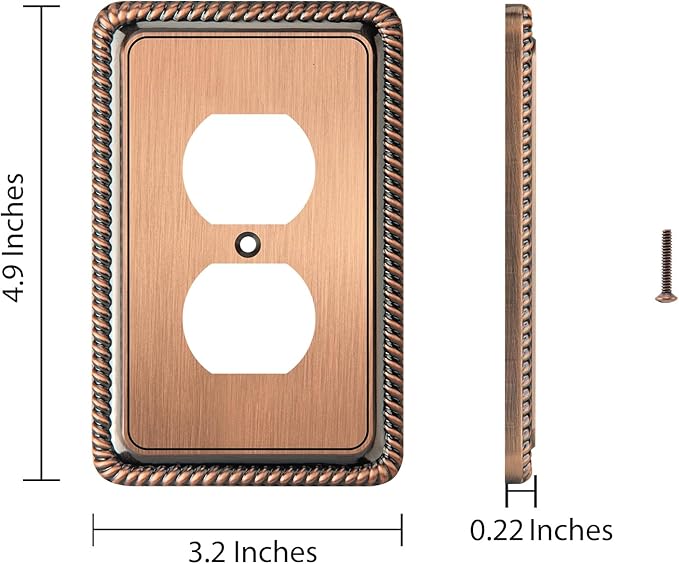 Henne Bery Rope Edge Decorative Wall Plate Switch Plate Outlet Cover (Single Duplex, 3 Pack, Antique Copper)