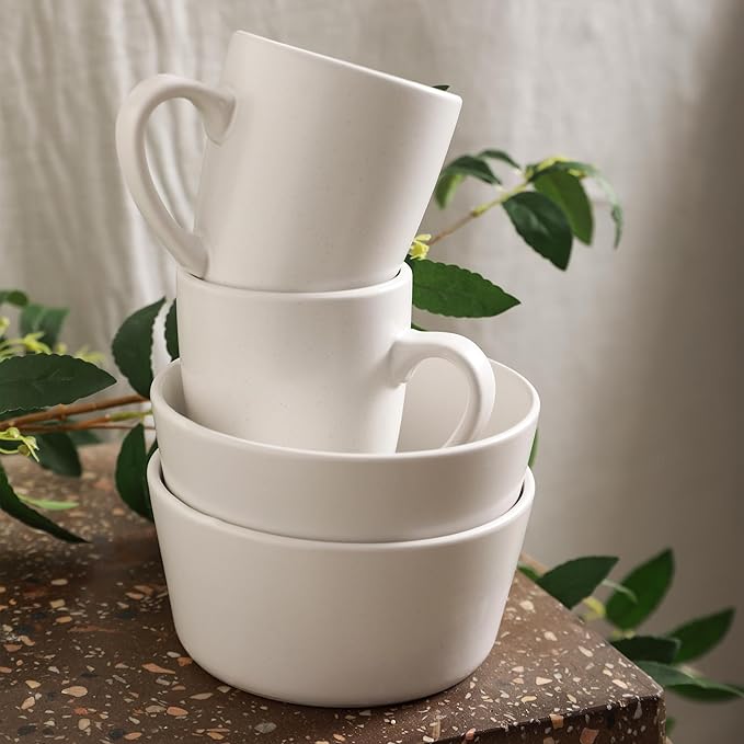 SERVICE FOR 4 - Total of 16 pieces including 8 dinner plates (10”), 4 salad plates (7.5”), 4 bowls (5.75”), and 4 mugs (12 oz), making it the perfect set to service 4 people