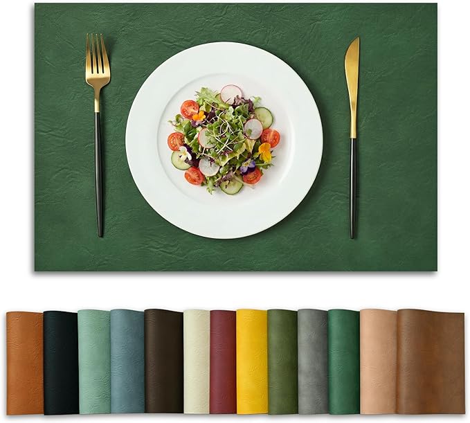 Artoid Mode Green Faux Leather Placemats Set of 6, 12x18 Inch Waterproof Wipeable Heat Resistant Vinyl Place Mats, Reversible Table Mats for St. Patrick's Day Dining Decor