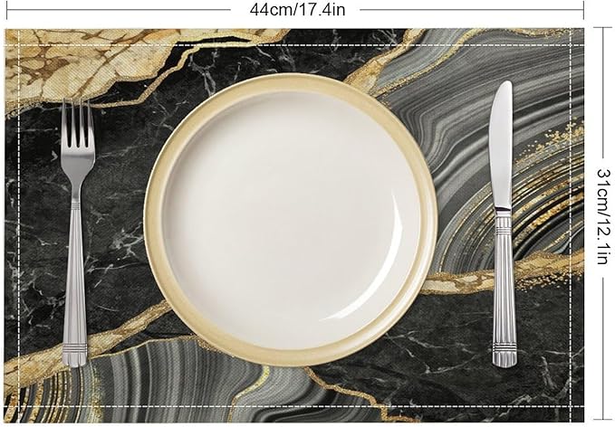 Marble Linen Placemats Set of 2, 12x17 Inch Modern Abstract Foil Stone Texture Black Gold Grey Marble Table Mats Washable Fabric Place for Party Kitchen Wedding Dining Banquets Decor