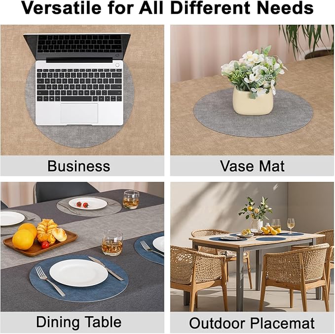 Myir JUN Reversible Vinyl Round Placemats Set of 8, Faux Leather Place Mats Dual Sided Waterproof Wipeable, Heat-Resistant Table Mats for Kitchen Dining Indoor Outdoor (14", Light Gray Navy Blue)