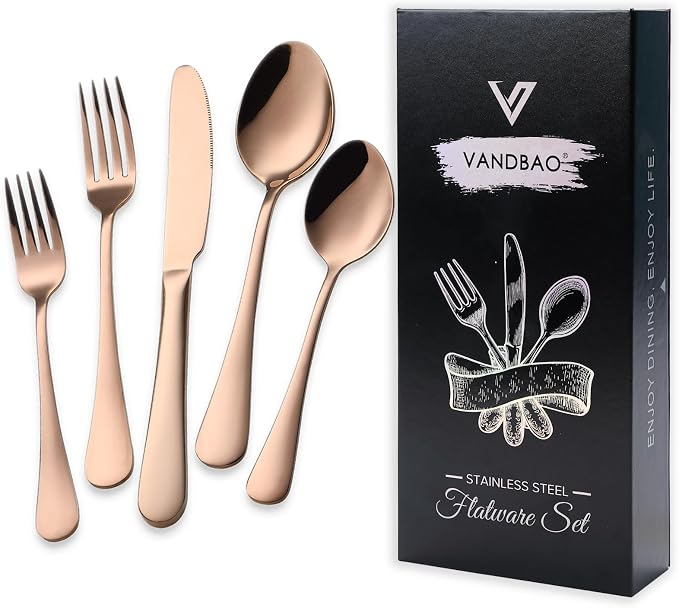VANDBAO Coppery Flatware Cutlery Silverware Set 20 Pieces, Stainless Steel by VANDBAO