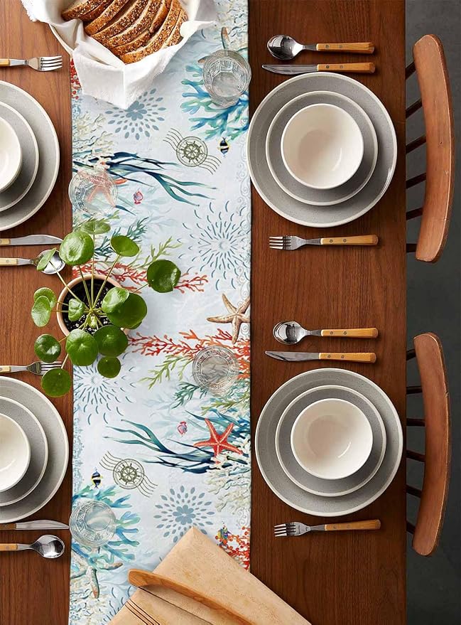 Sea Turtle Coastal Table Runners 120 Inches Long, Summer Beach Coral Table - Image 5