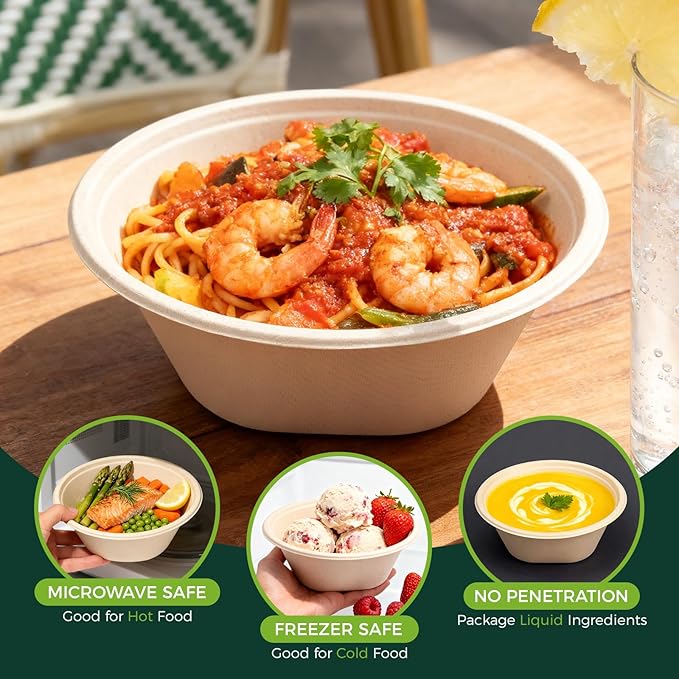 32 Oz [50 Pack] Heavy Duty Deep Paper Bowls - Disposable and Compostable - Made from Eco-friendly Sugarcane Bagasse - Biodegradable Bowls for Soup, Salad, Dessert, Ice Cream