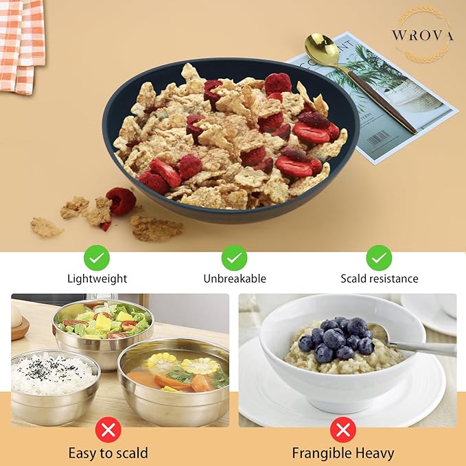 Wrova 65oz Big Wheat Straw Bowls - Large Salad Bowls set of 6 - Unbreakable Serving Bowls - Microwave & Dishwasher Safe - Oval Bowls for Cereal,Salad,Fruit - Classic Series