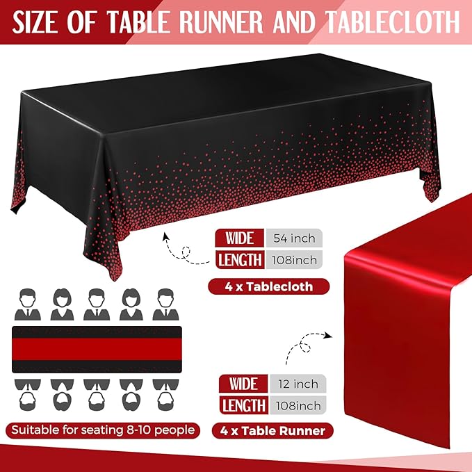 Breling 8 Pack Black and Red Disposable Plastic Tablecloths and Satin Table Runner Set, 54 x 108 Inch Tablecloth, 12 x 108 Inch Table Runners for Wedding Graduation Birthday Baby Shower