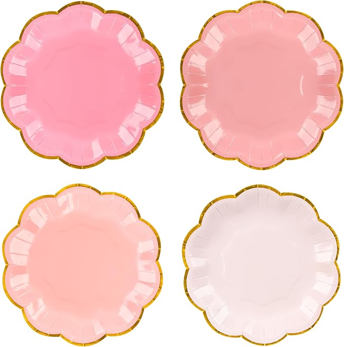 Pink Party Plates Gradient Pink Dessert Paper Plates 7inch Gold Foil Scalloped Edge Disposable Cake Plates for Valentines Day Birthday Bridal Baby Shower Wedding Party Supplies (48)