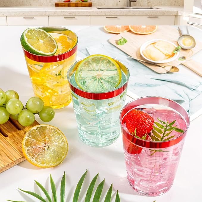 DaYammi 100 Pack Red Plastic Cups 10 Oz Clear Red Rimmed Plastic Cups for Party Fancy Disposable Cup for Wedding Disposable Glasses Clear Tumblers with red Rim for Party Elegant Wine Cocktail Cup
