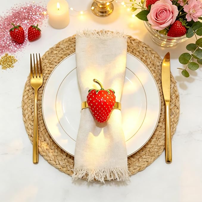 Strawberry Napkin Rings Set of 12 Red Enamel Berry Napkin Holder - Image 2