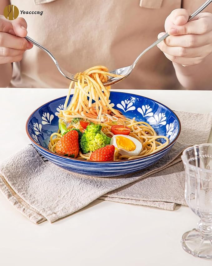 Yeacccng Pasta Bowls Set of 6, 35 Oz Ceramic Large Salad Bowl, 8.5 Inch Colorful Serving Bowls for Kitchen, Dishwasher & Microwave Safe, Scratch-Resistant, Lead-Free (Brown*3 + Blue*3)
