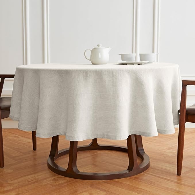 Solino Home Linen 60 Inch Round Tablecloth - 100% Pure Linen Light Flax Round Tablecloth - Machine Washable Table Cloth for Spring, Easter - Sonoma