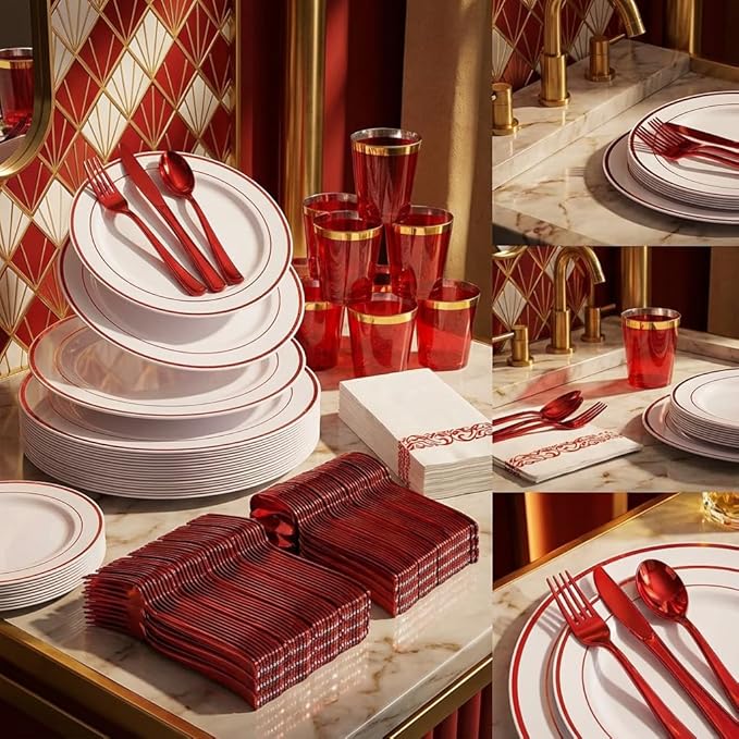 WELLIFE 700 Pcs Red Plastic Plates for 100 Guests - Plastic Dinnerware Set,Party Supplies Includes 200 Red Disposable Plates,300 Silverware,100 Napkins,100 Cups,Valentines Plates