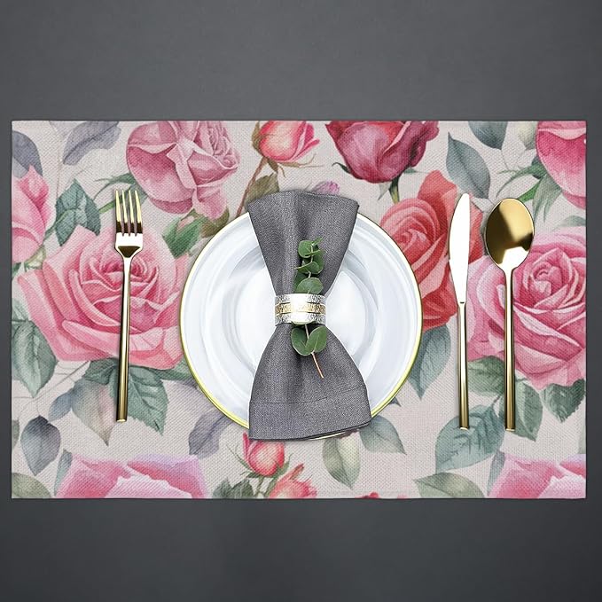 Pink Rose Placemats Set of 4, Washable Elegant Vintage Placemats, Non-Slip Table Rectangle Linen Place Mats for Kitchen Dining Party Farmhouse Home Indoor Table Decor