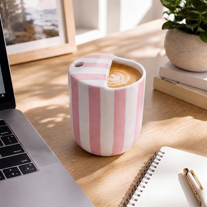 Ceramic Mug with Sip Hole 10 oz Novelty Pink Striped Ceramic Coffee Mug Hand - Image 5