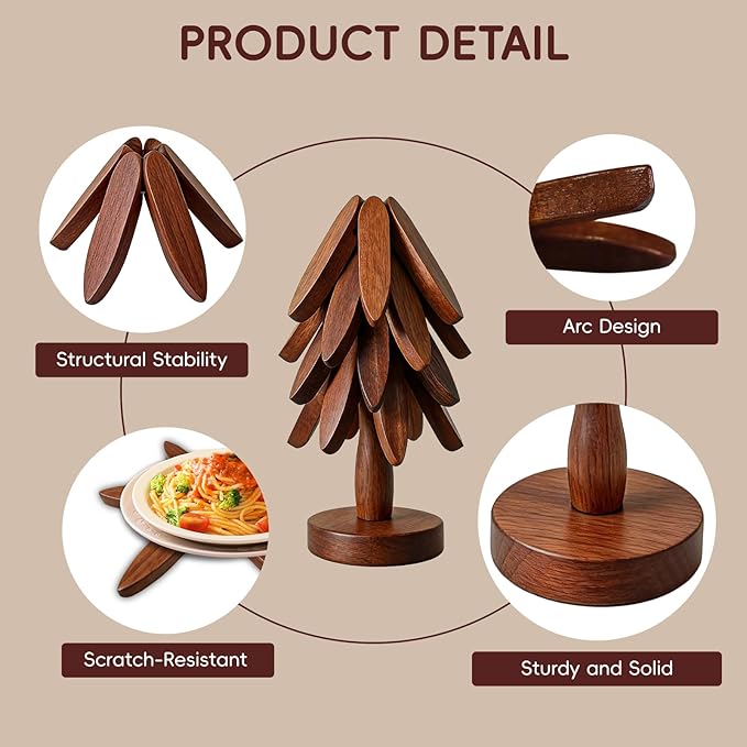 Wooden Trivets for Hot Dishes, Wooden Tree Trivet Set, Natural Tree Trivet Set - Foldable Coasters for Kitchen Counter, Hot Pots and Pans, Heat Resistant Table Protectors