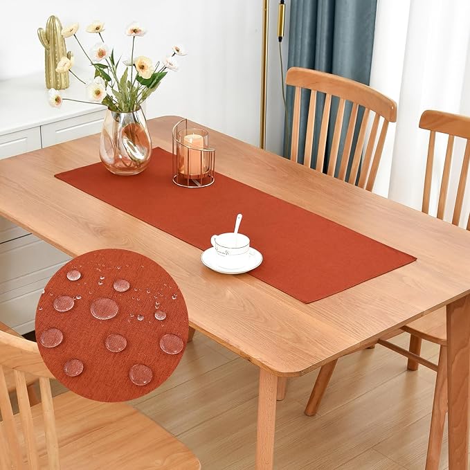 Faux Linen Small Table Runner Water Resistant 13 x 36 in, Rust | Farmhouse by Nacuci