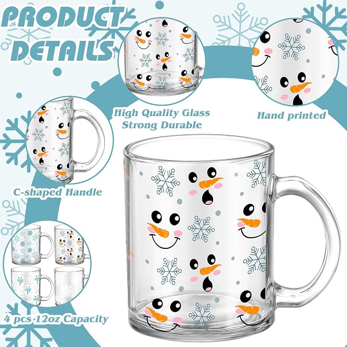 Tioncy 4 Pcs Winter Coffee Glass Mugs 12 oz Christmas Snowman Glass Cups - Image 3
