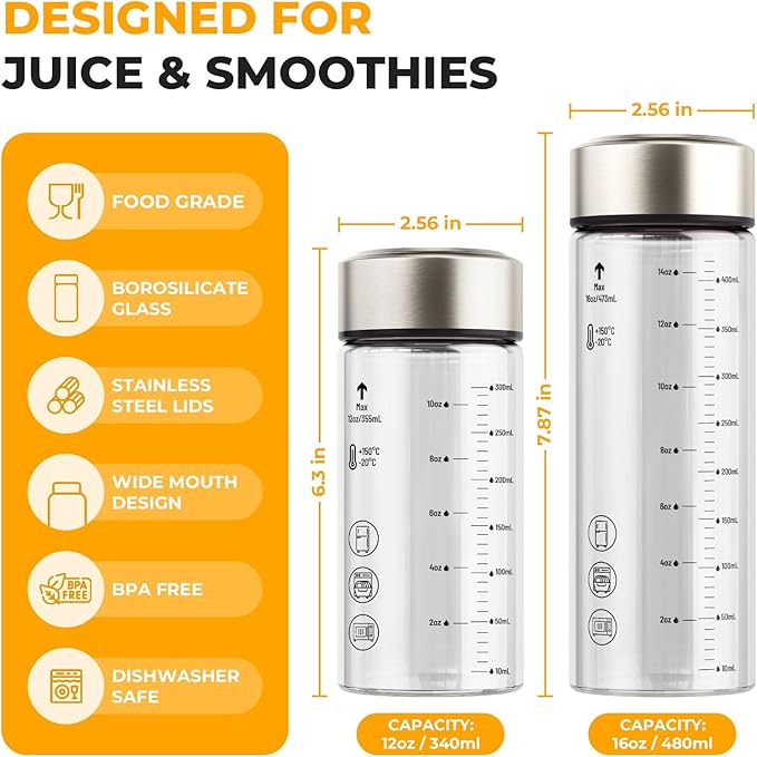 Sursip 16 oz Glass Juice Bottles – 4 Pack Wide Mouth Borosilicate Glass Bottles with Lids – Heat-Resistant, BPA Free, Leakproof & Reusable for Juicing, Smoothies, Milk, Protein, Water
