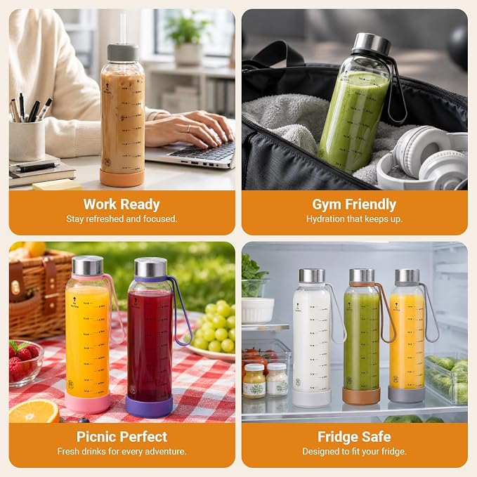 Sursip 18 oz Glass Water Bottles, 4 Pack | BPA-Free Reusable, Measurement - Image 7