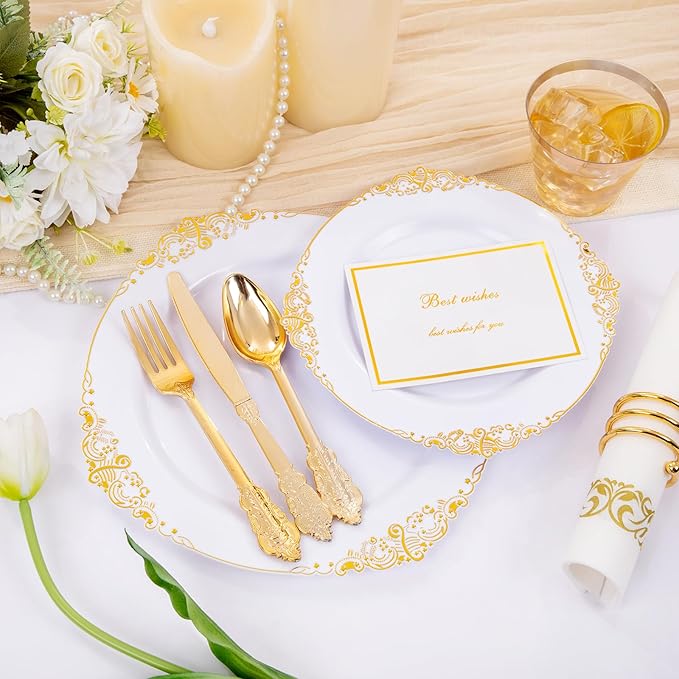 Hioasis 210pcs White and Gold Plates - White Party Plates for 30 Guest, Include 60 Heavy-duty Plates(20% Thicker Than Standard), 30 Pre Rolled Gold Plastic Silverware Set, 30 Cups