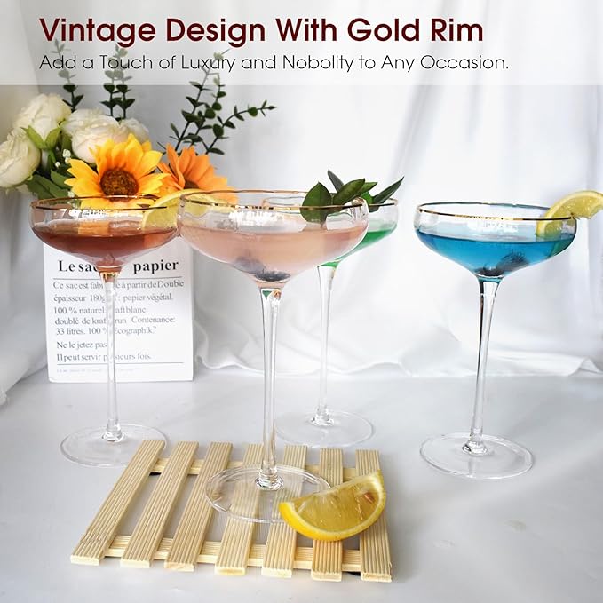 Vintage Martini Glasses Set of 2, Tall Stemmed Coupe Glasses, Gold Rim Cocktail Champagne Glasses, Perfect for Bar, Martinis, Margaritas, Parties, Ideal Gift Choice, 7.7oz Clear