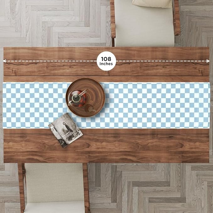 Folkulture Summer Table Runner 108 Inches Long | Blue Checkered | Table Runner - Image 2