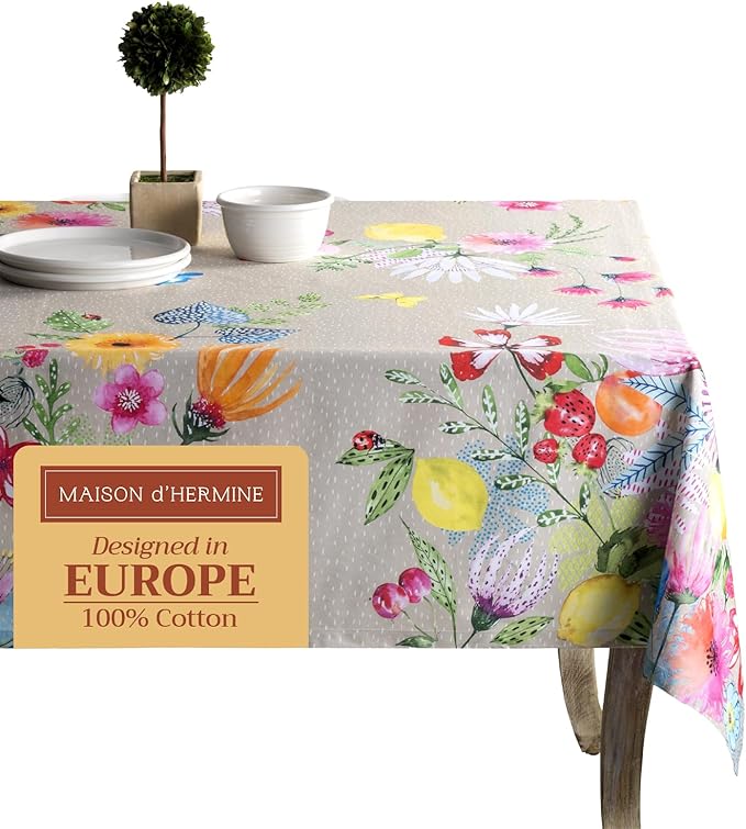 Maison d' Hermine Table Cloth Rectangle Table 100% Cotton 70 x 120 Inches Tablecloth Reusable Decorative for Dining Room Farmhouse Home Valentines Day Decorations Spring Summer - Jardin D'Ete - Fog