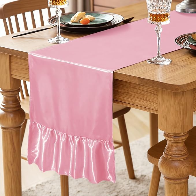 2 Pack Pink Satin Table Runner 12 x 72 Inch | Ruffle Design, Luxurious Dining - Image 2