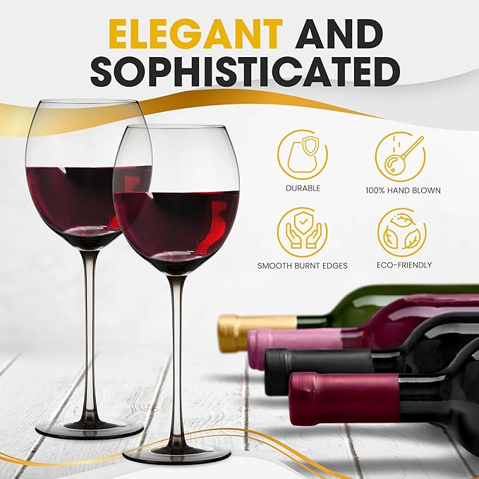 Colored Red Wine Glasses Set of 4 - Elegant Long Stem Wine Glass - 13.3oz (Smoke)