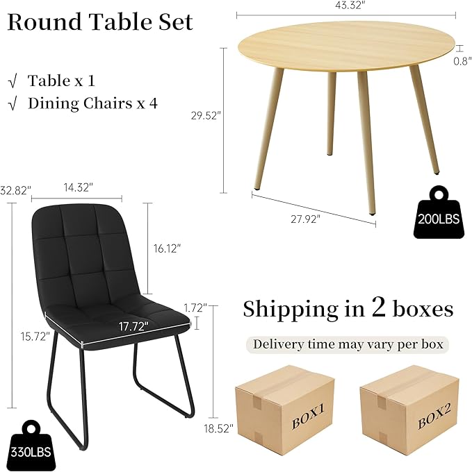 43.3 Inch Round Dining Table Set for 4, Modern Small Kitchen Coffee Set for Dining Room Kitchen Apartment (Cream Table+4 U-Shaped BlackChairs)