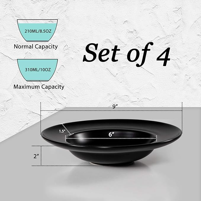 Ceramic Wide Rim Soup Bowls, 10 Oz Matte Rim Pasta Bowls, Suitable for Salad, Dessert, Soup, Restaurant - Set of 4