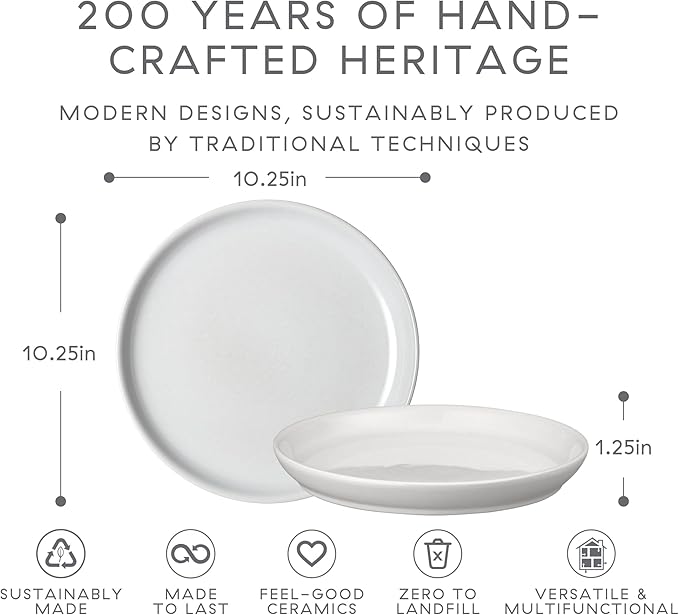 Denby - Elements Stone White Coupe Dinner Plates Set of 6 - Dishwasher Microwave Oven Safe - Scratch Chip Resistant - Large Ceramic Stoneware Dinnerware Plates Set