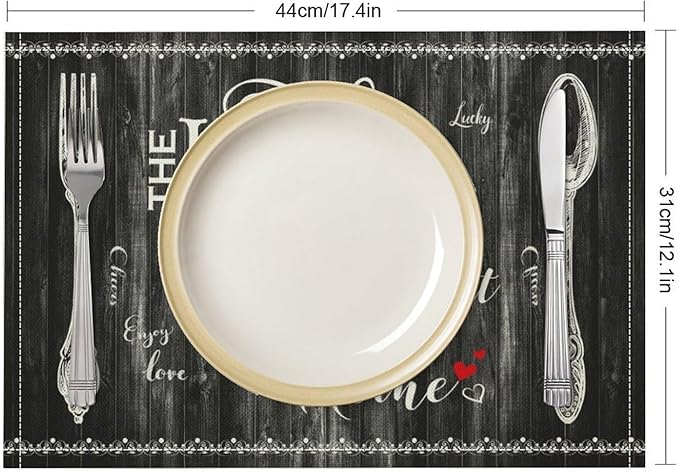 Vintage Farmhouse Placemat Set, Minimal Black White Rural Plank Art Sketch Cutlery Knife Fork Inspirational Quotes Pattern Home Decor Linen Table Mats for Dining Room Kitchen Party (17x12in) x6P