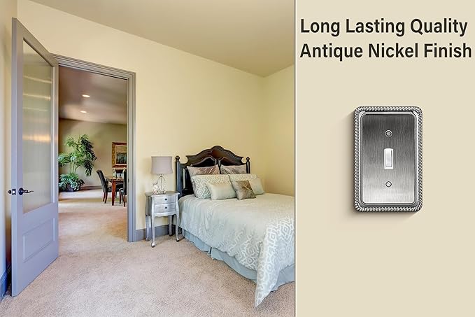 Henne Bery Rope Edge Decorative Wall Plate Switch Plate Outlet Cover (Single Toggle, 3 Pack, Heirloom Silver)