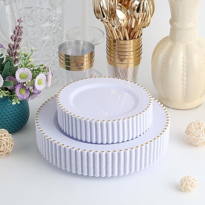 EI 60pcs White Plastic Plates with Gold Rim,Heavy Duty 10" Dinner & 7" Dessert Plate Disposable,White and Gold Plate for Party,Wedding,Birthday,Afternoon Tea,Spring,Mother's Day,Valentine's Day