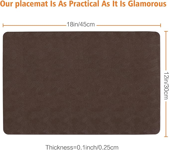Vinyl Placemats Set of 12 Heat Resistant Easy Clean Non-Slip Place Mats for Dining Table Faux Leather Waterproof Stain Resistant Wipeable Washable PVC Table Mats(12, Brown)