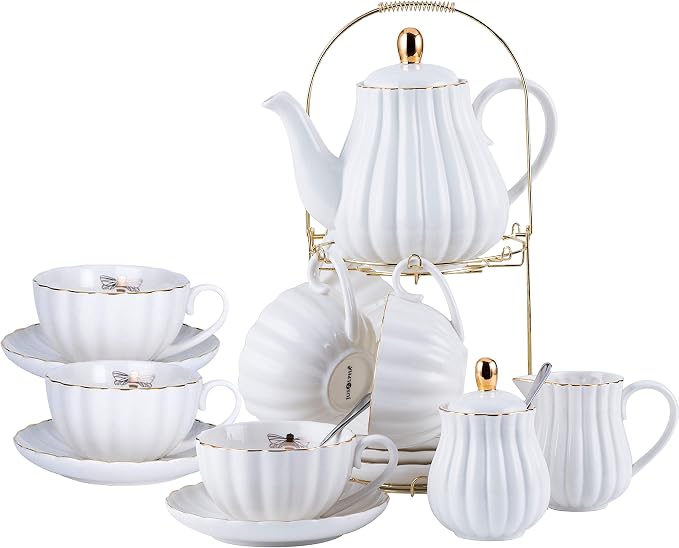 Jusalpha Porcelain Tea Set- 8 OZ Coffee/Teacup, Cup Holder, Serve of 6- by Jusalpha