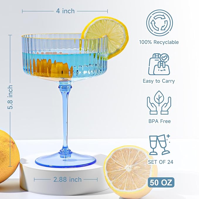 XUWAIDSGN 50 Pcs Champagne Martini Glasses 9 Oz with Gilded Removable Gold Rim Coupe Glasses Pink Martini Glasses Plastic Mimosa Vintage Coupe Glasses Set For Wedding Anniversary (50, Clear Blue)