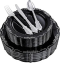 DaYammi 150 Pcs Black Silver Plastic Plates & Silver Plastic Silverware,Black silver Disposable plates for Include 30 Dinner Plate,30 Dessert Plate,30 Knives,30 Forks,30 Spoons for Party Wedding