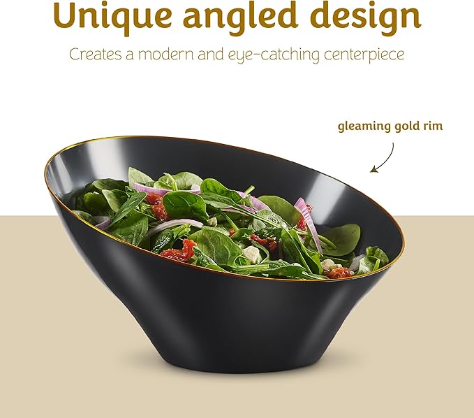 PLASTICPRO Angled Plastic Bowls Disposable Large Plastic Black Serving Bowls with Gold Rim for Party for Appetizer Salads Pack of 4