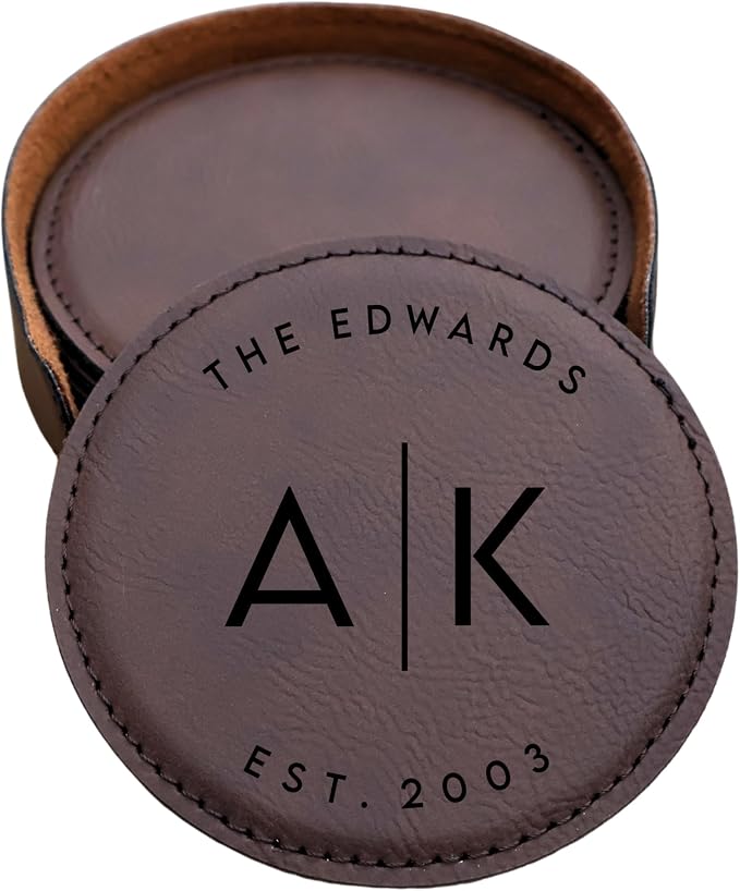 Custom Round Engraved Coasters, Personalized Leather Coaster, Laser Engraved by Obsidian+Home+Creations