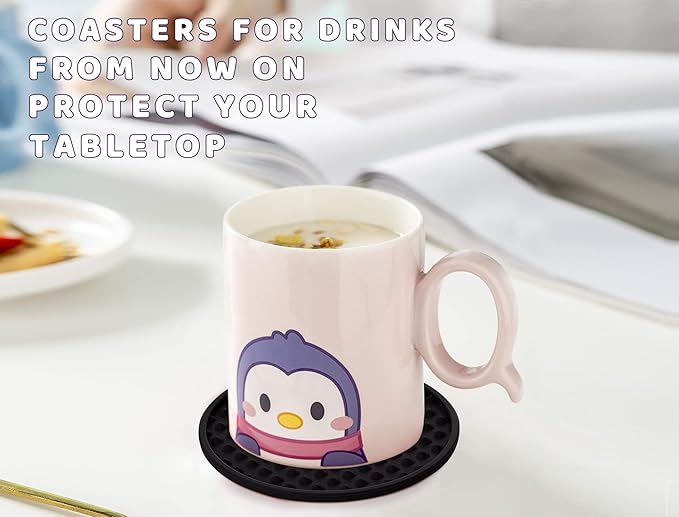 Coasters for Drinks 6 Pack Drinking Coaster with Holder,Heat Resistant Silicone Cup Mat Tabletop Protection,Non-Slip Rubber Coasters for Kinds of Cups (Black)