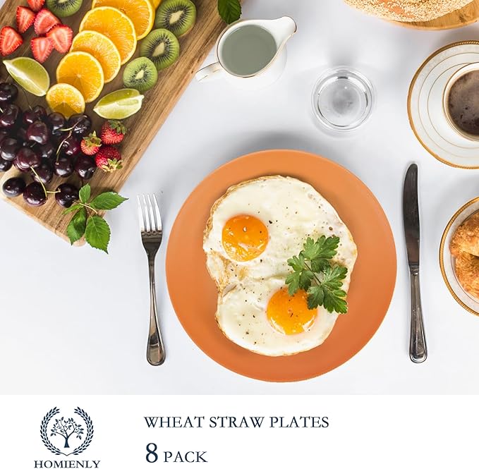 Homienly Flat Dinner Plates Set of 8 Alternative for Plastic Plates Microwave and Dishwasher Safe Wheat Straw Plates for Kitchen Unbreakable Kids Plates(Orange, 10 inch)